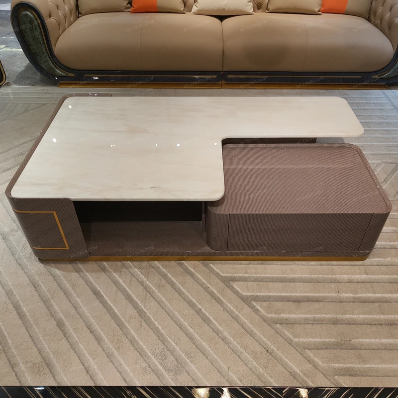 Contemporary Marble-Effect Coffee Table with Natural Wood Veneer Storage Cabinet